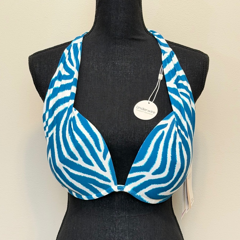 NEW Contours Coco Reef Zebra Teal Cove Underwire Halter‎ Bikini Top Size 14/38D